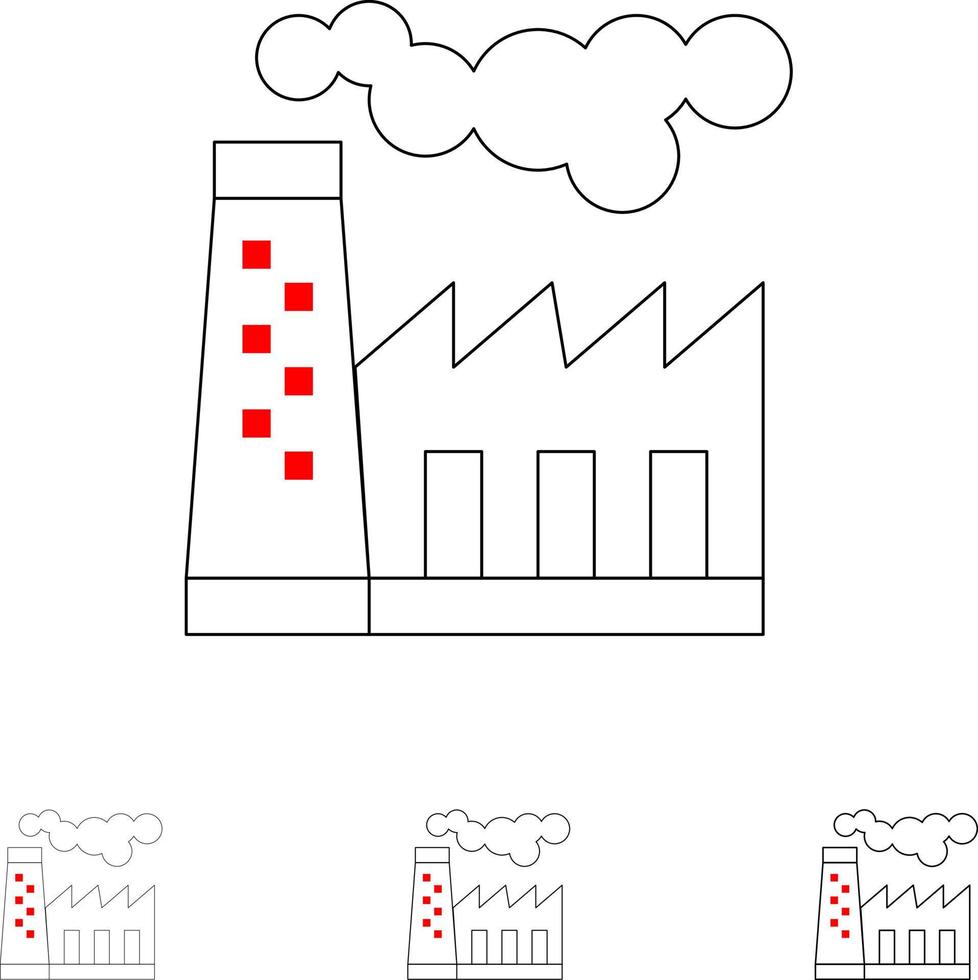 conjunto de iconos de línea negra audaz y delgada de humo de producción de contaminación de fábrica vector