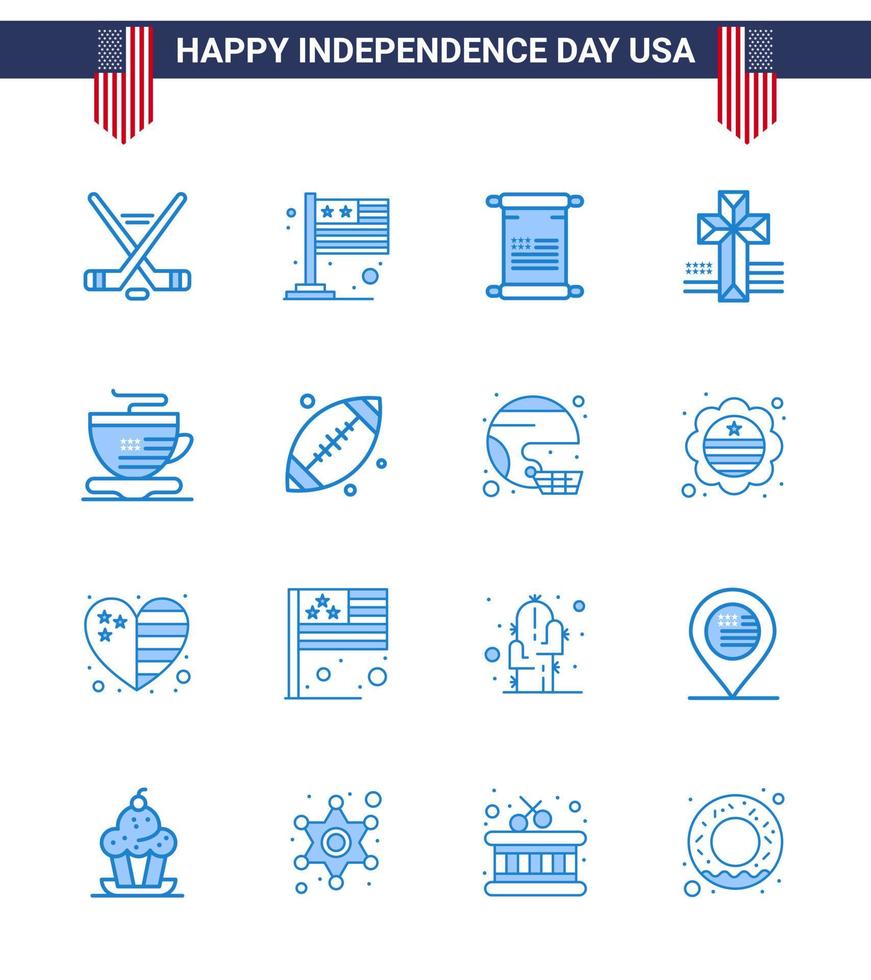 paquete de 16 signos de blues de celebración del día de la independencia de EE. UU. Y símbolos del 4 de julio, como café, té, pergamino, iglesia estadounidense, elementos de diseño vectorial editables del día de EE. UU. vector