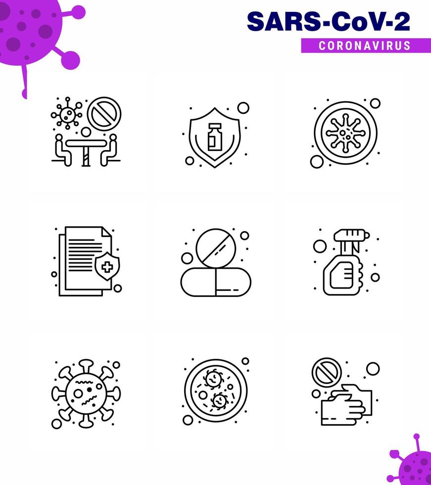 9 Line Set of corona virus epidemic icons such as protect insurance bottle information blood viral coronavirus 2019nov disease Vector Design Elements