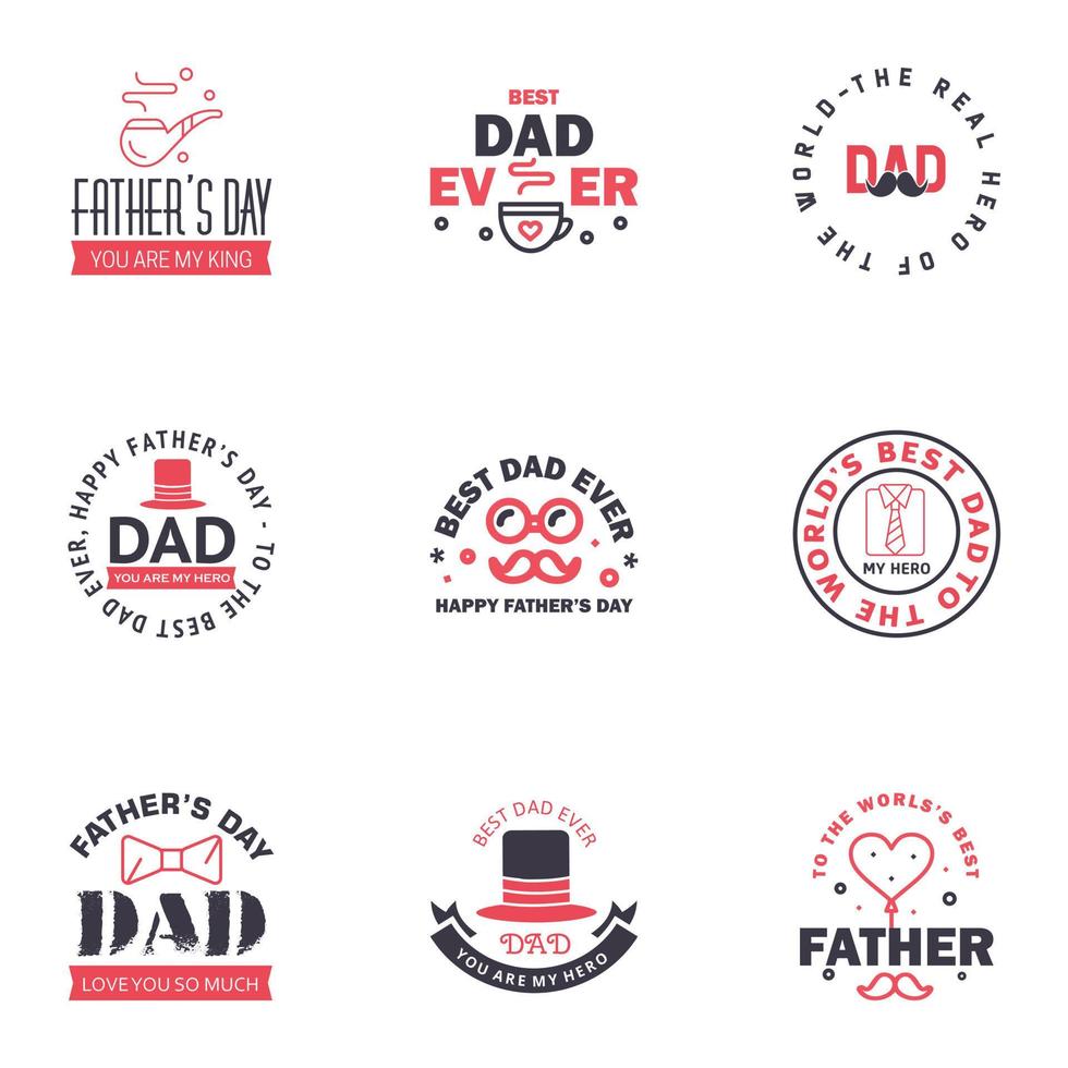 Fathers Day Lettering 9 Black and Pink Calligraphic Emblems Badges Set Isolated on Dark Blue Happy Fathers Day Best Dad Love You Dad Inscription Vector Design Elements For Greeting Card and Othe