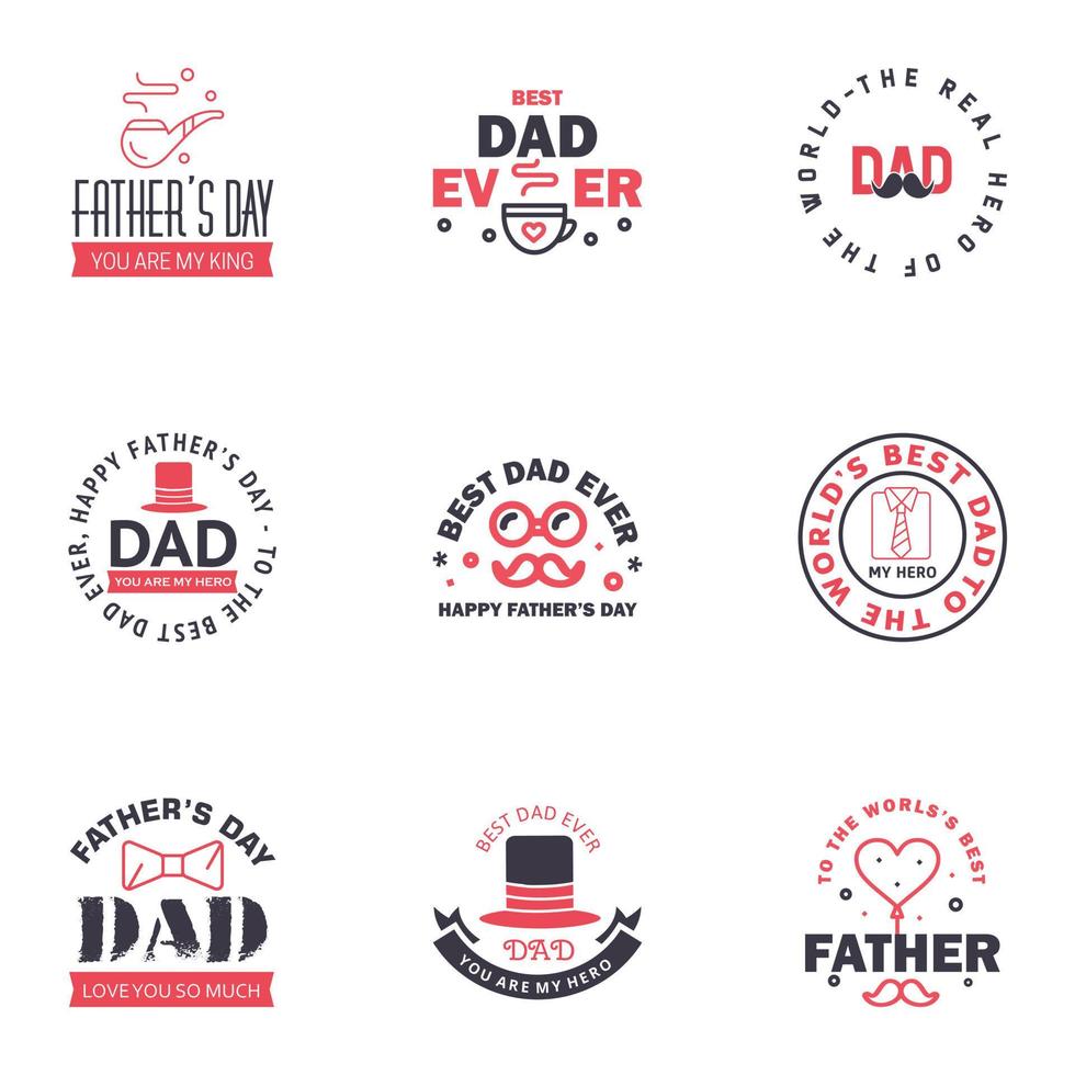 letras del día del padre 9 emblemas caligráficos negros y rosas insignias aisladas en azul oscuro feliz día del padre mejor papá te amo papá inscripción elementos de diseño vectorial para tarjetas de felicitación y otros vector