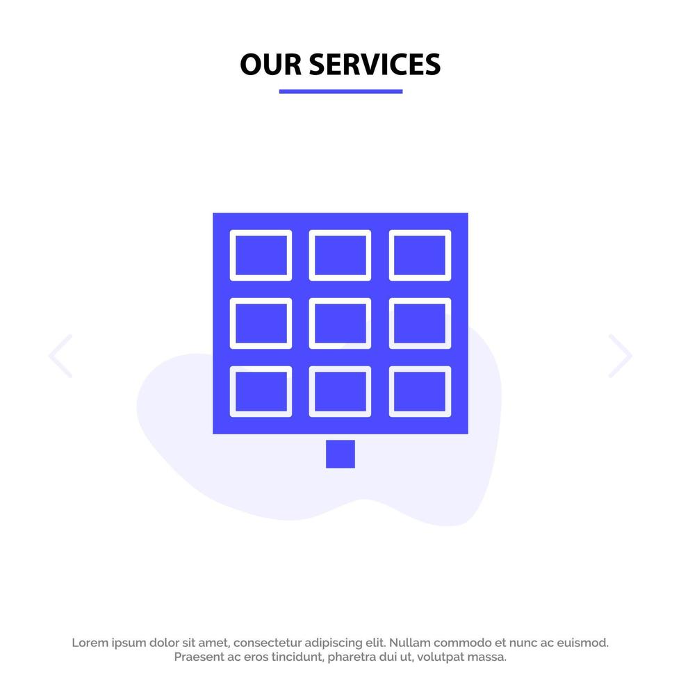 Our Services Panel Solar Construction Solid Glyph Icon Web card Template vector