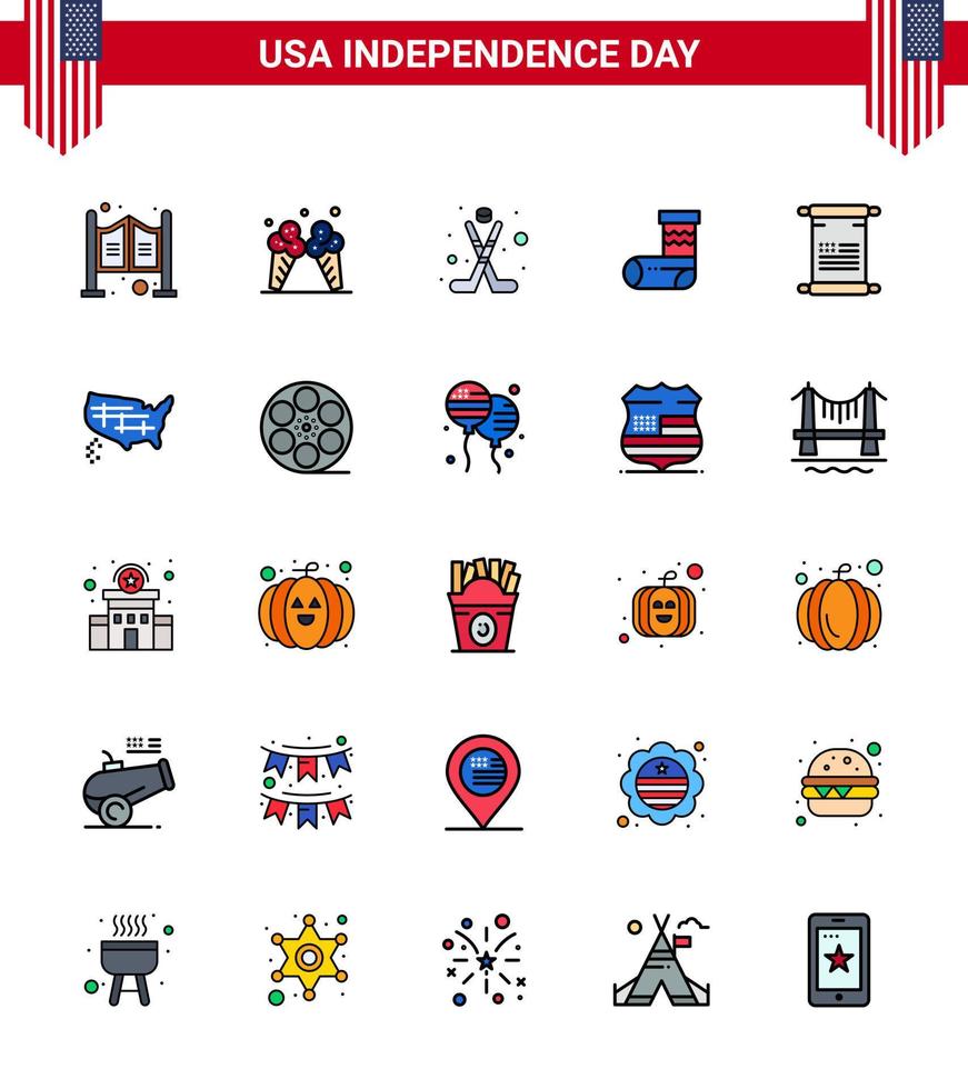 4th July USA Happy Independence Day Icon Symbols Group of 25 Modern Flat Filled Lines of text gift american festivity celebration Editable USA Day Vector Design Elements