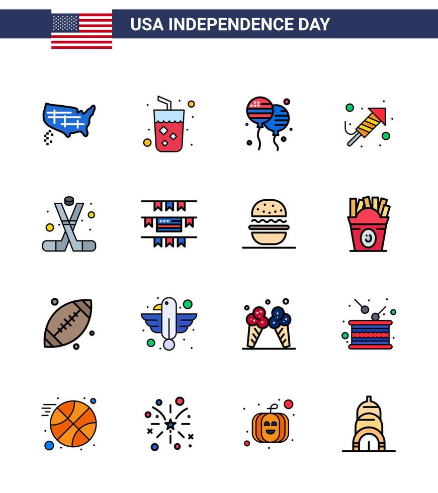 USA Happy Independence DayPictogram Set of 16 Simple Flat Filled Lines of ice hockey day bloon festival fire work Editable USA Day Vector Design Elements