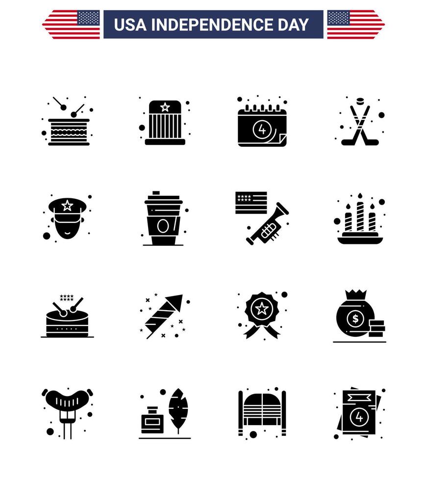 Stock Vector Icon Pack of American Day 16 Solid Glyph Signs and Symbols for man ice hat hokey day Editable USA Day Vector Design Elements