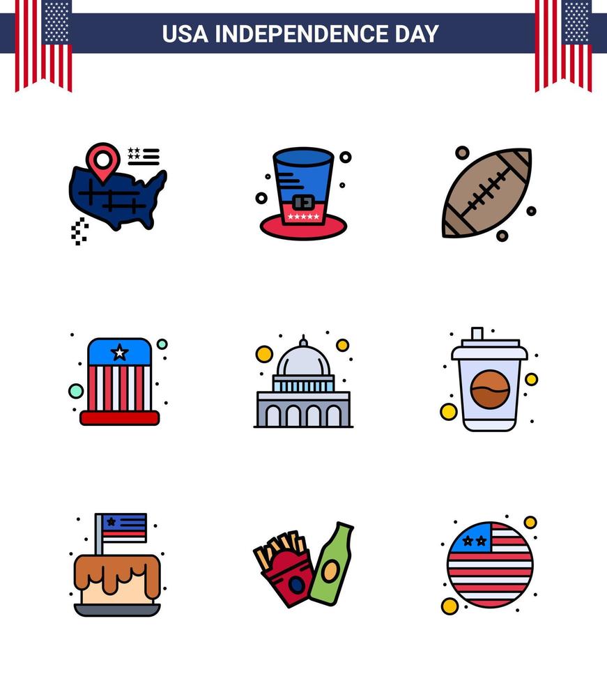 conjunto de línea plana llena del día de la independencia de estados unidos de 9 pictogramas de estados unidos del capitolio de estados unidos sombrero de fútbol entretenimiento elementos de diseño de vector de día de estados unidos editables