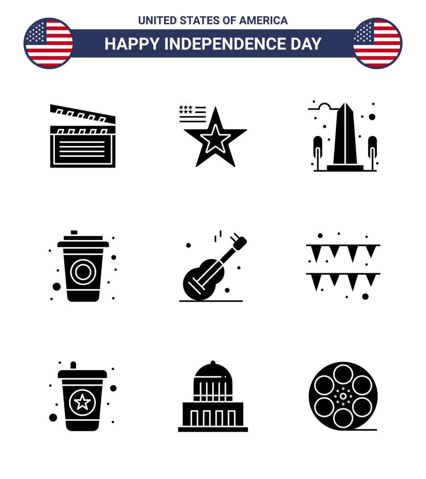 feliz día de la independencia usa paquete de 9 glifos sólidos creativos de bebida musical hito cola washington elementos de diseño vectorial editables del día de usa vector