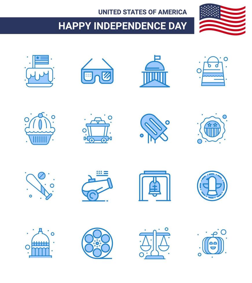 16 USA Blue Signs Independence Day Celebration Symbols of shop money usa bag ireland Editable USA Day Vector Design Elements