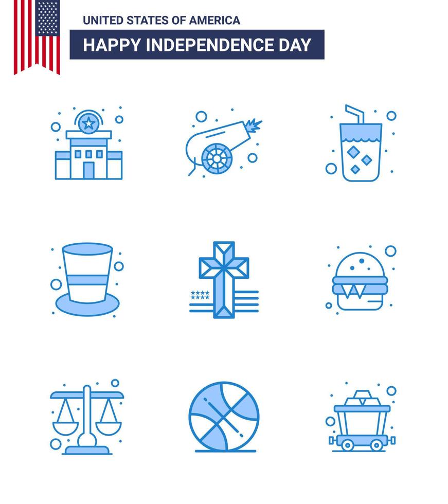 Pack of 9 creative USA Independence Day related Blues of cross magic hat alcohol hat american Editable USA Day Vector Design Elements