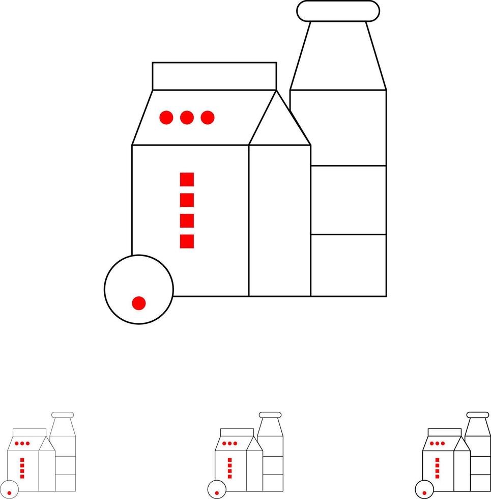 conjunto de iconos de línea negra audaz y delgada de compras de botellas de caja de leche vector