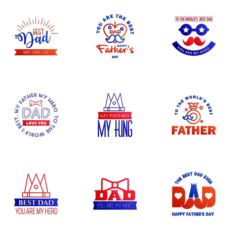 9 conjunto azul y rojo de vector feliz día del padre tipografía iconos vintage letras para tarjetas de felicitación pancartas diseño de camiseta elementos de diseño vectorial editables del día del padre