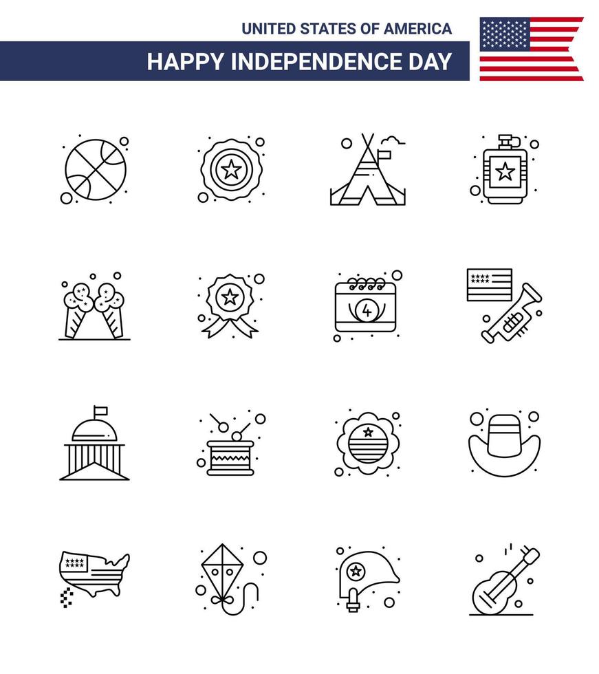 Group of 16 Lines Set for Independence day of United States of America such as ice liquid tent hip drink Editable USA Day Vector Design Elements