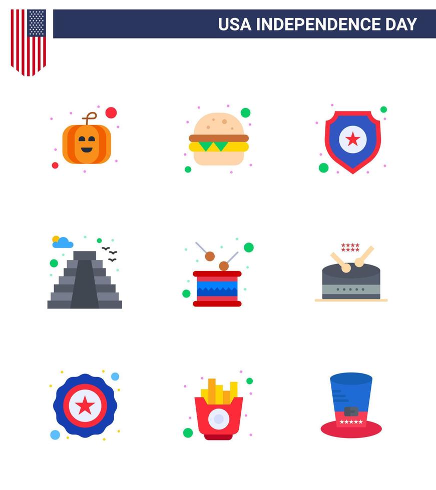 Pack of 9 USA Independence Day Celebration Flats Signs and 4th July Symbols such as independence drum star day landmark Editable USA Day Vector Design Elements