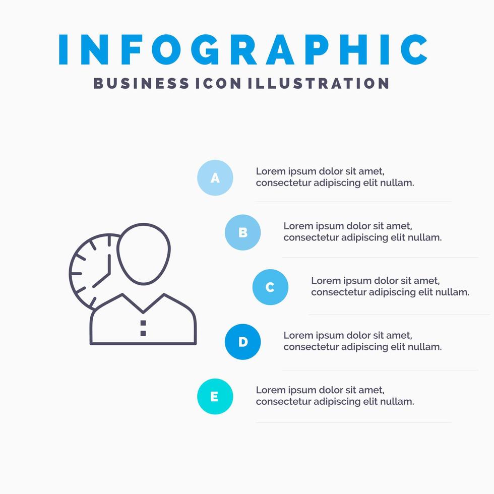 reloj horas hombre horario personal tiempo temporización usuario línea icono con 5 pasos presentación infografía fondo vector