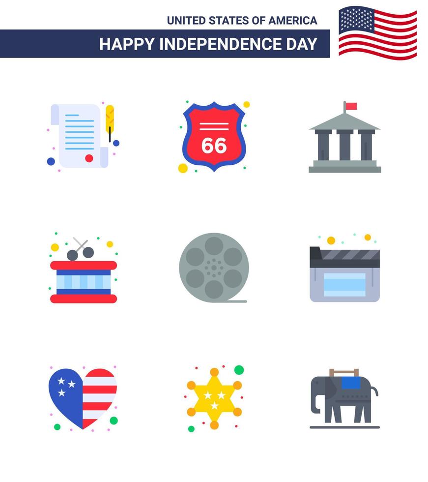 Set of 9 Modern Flats pack on USA Independence Day american play flag movis instrument Editable USA Day Vector Design Elements