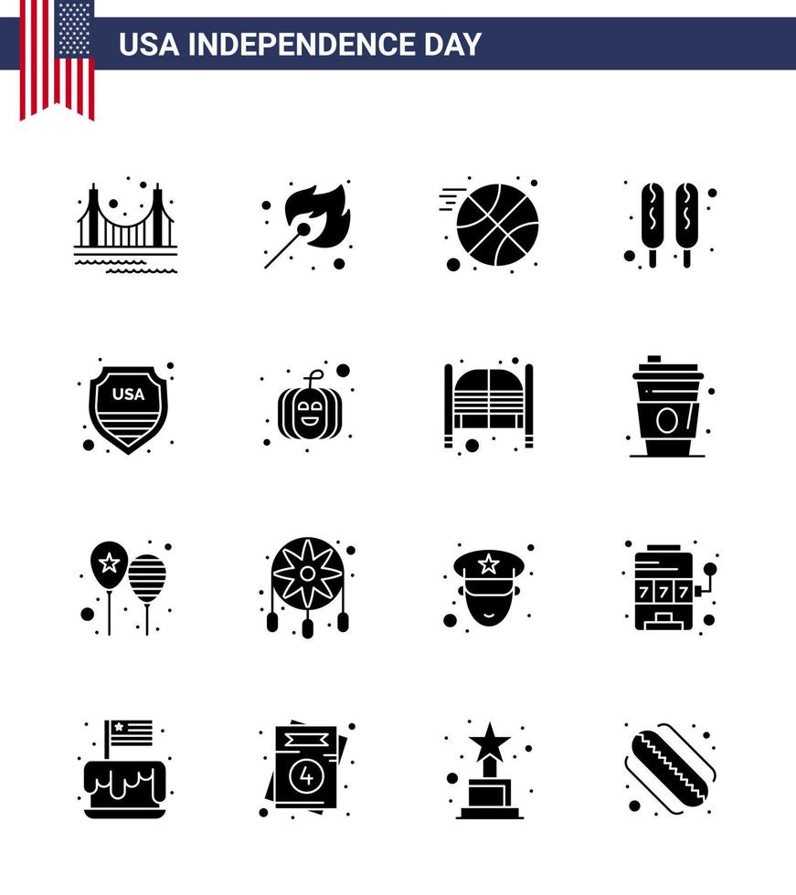 Editable Vector Solid Glyph Pack of USA Day 16 Simple Solid Glyphs of sign security outdoor food corn dog Editable USA Day Vector Design Elements