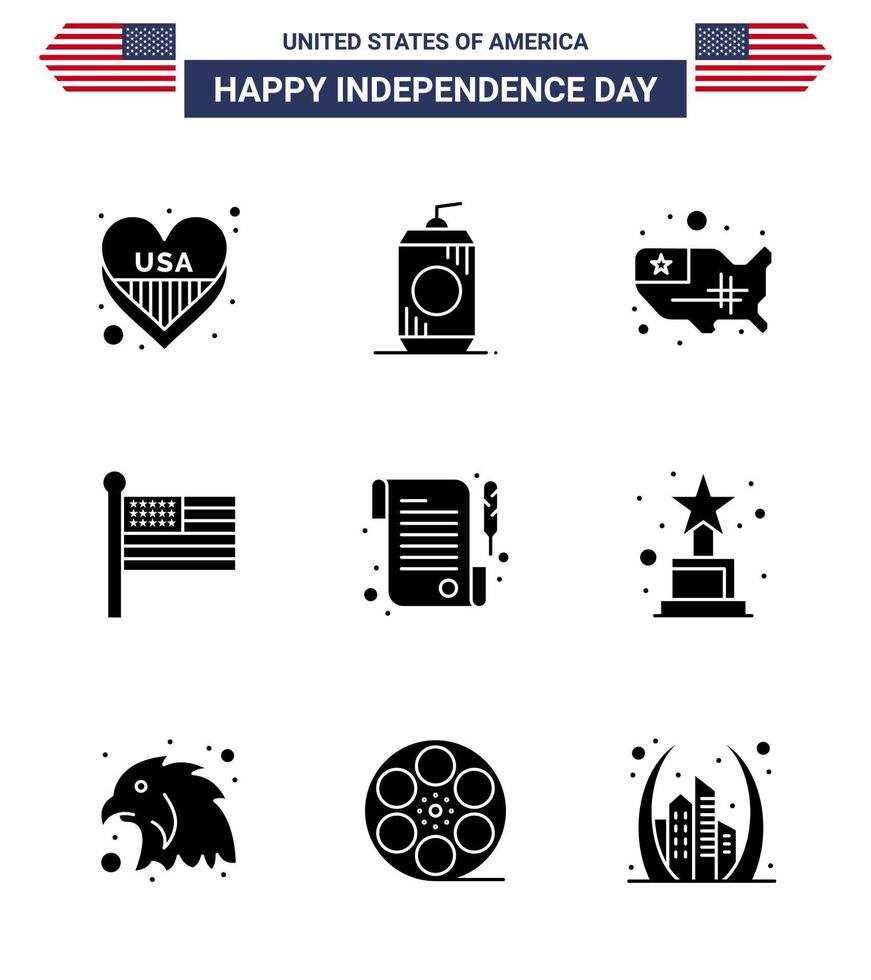 usa feliz día de la independencia pictograma conjunto de 9 glifos sólidos simples de recibo mapa de estados unidos bandera unida elementos de diseño vectorial editables del día de estados unidos vector