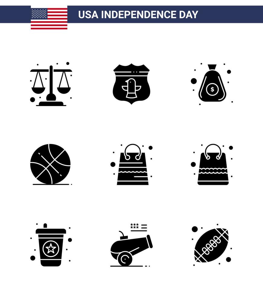 conjunto moderno de 9 glifos y símbolos sólidos en el día de la independencia de EE. UU., como dinero, dólar de EE. UU., deportes, backetball, elementos de diseño vectorial editables del día de EE. UU. vector