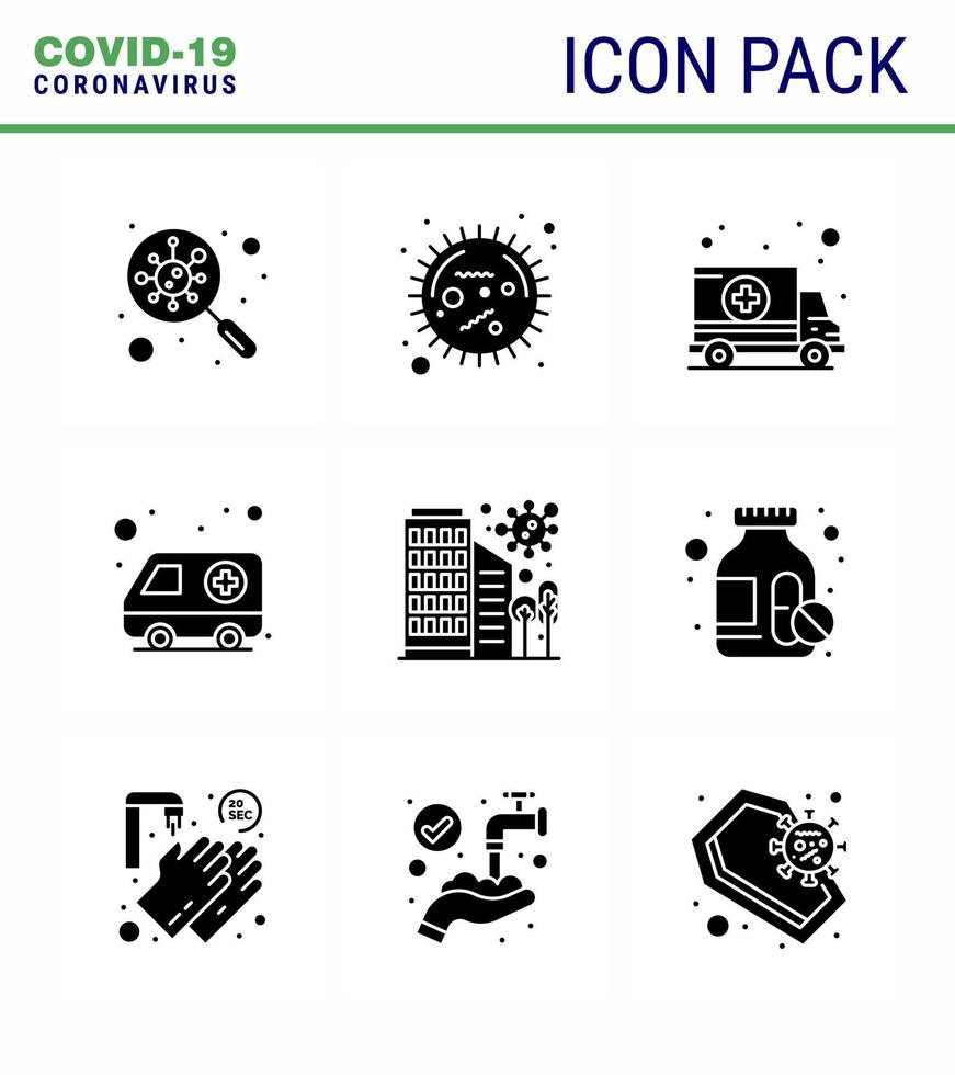 9 Solid Glyph Black viral Virus corona icon pack such as protection city epidemic building hospital viral coronavirus 2019nov disease Vector Design Elements