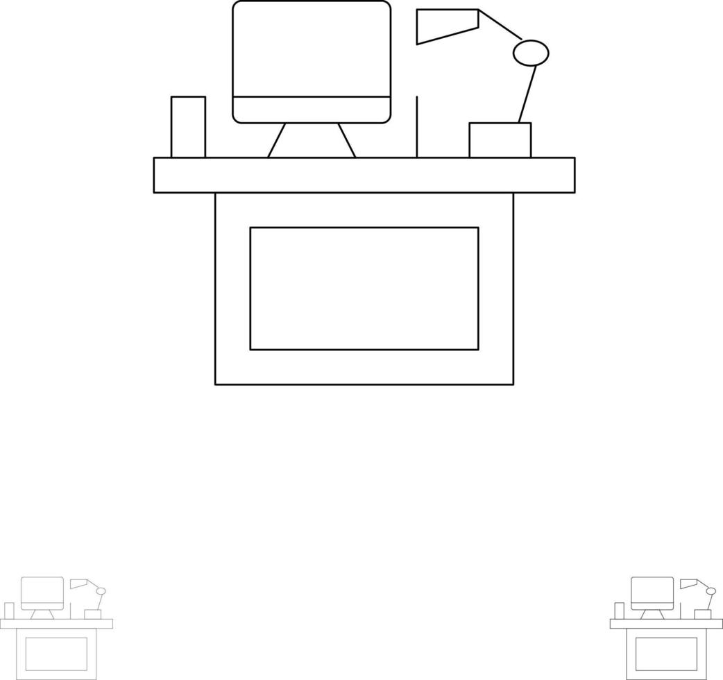 escritorio de computadora monitor de escritorio oficina lugar mesa audaz y delgada línea negra conjunto de iconos vector