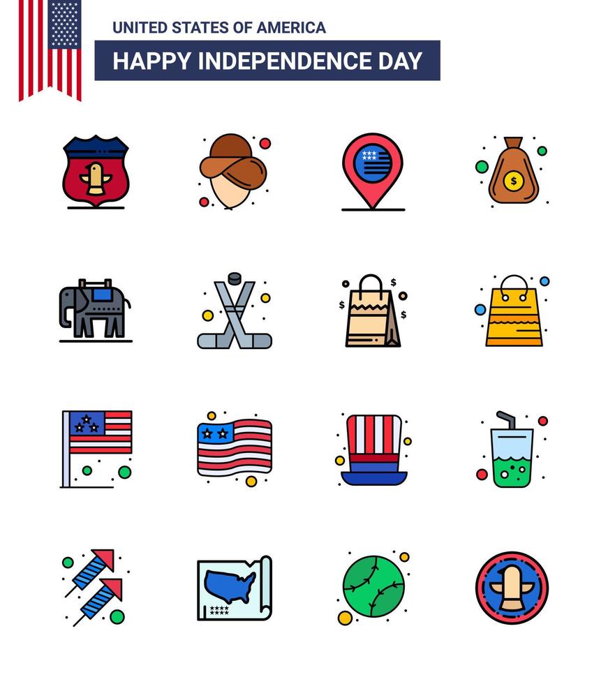 USA Happy Independence DayPictogram Set of 16 Simple Flat Filled Lines of usa elephent location cash money Editable USA Day Vector Design Elements