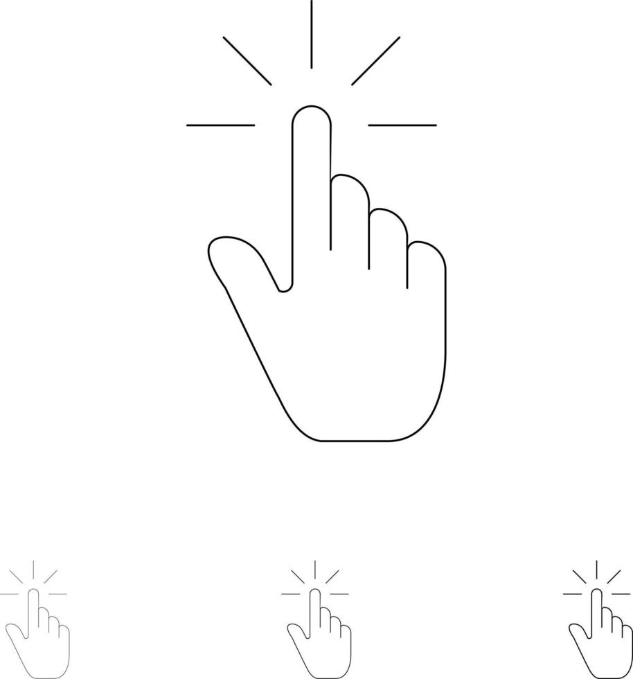 haga clic en gestos con los dedos toque con la mano conjunto de iconos de línea negra en negrita y delgada vector