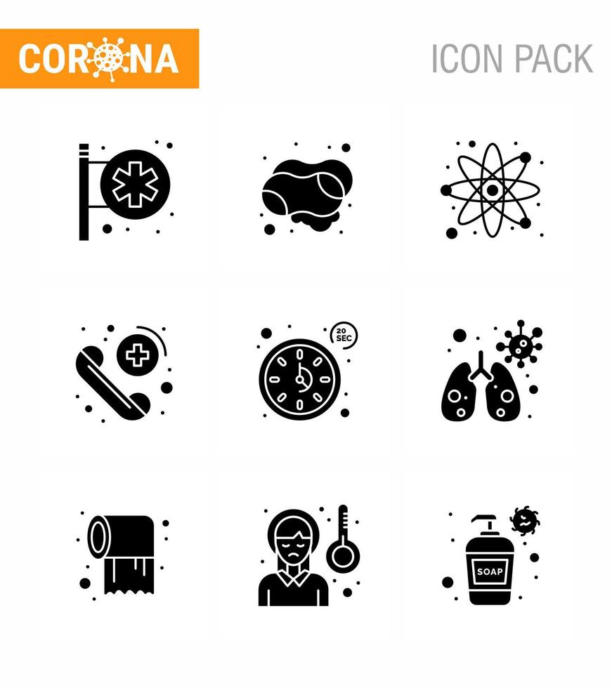 9 Solid Glyph Black Coronavirus disease and prevention vector icon seconds care atom medical call viral coronavirus 2019nov disease Vector Design Elements