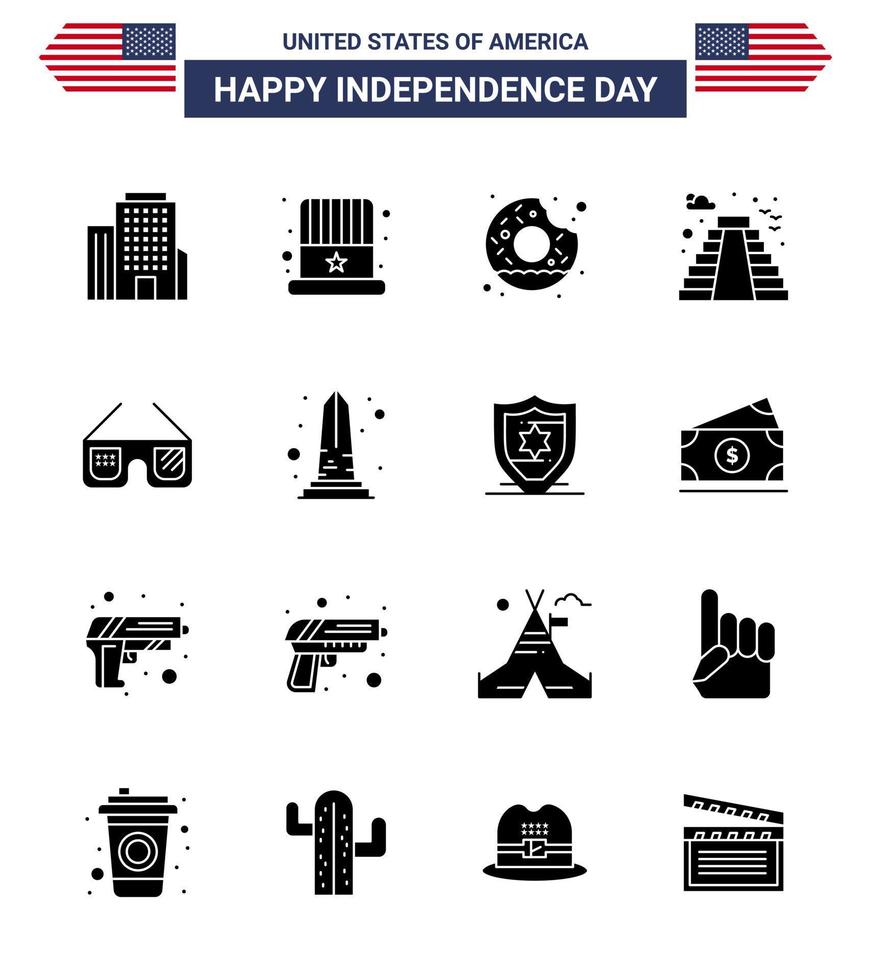 feliz día de la independencia 4 de julio conjunto de 16 glifos sólidos pictografía americana de gafas de sol americanas redondas edificio de estados unidos elementos de diseño vectorial editables del día de estados unidos vector