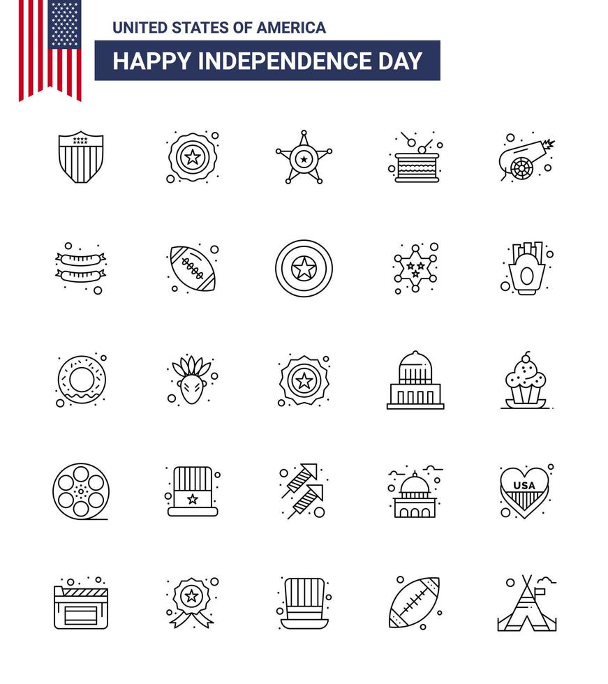 Group of 25 Lines Set for Independence day of United States of America such as canon independence police independence drum Editable USA Day Vector Design Elements