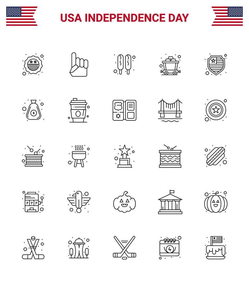Happy Independence Day 25 Lines Icon Pack for Web and Print dollar protection corn dog american mine Editable USA Day Vector Design Elements