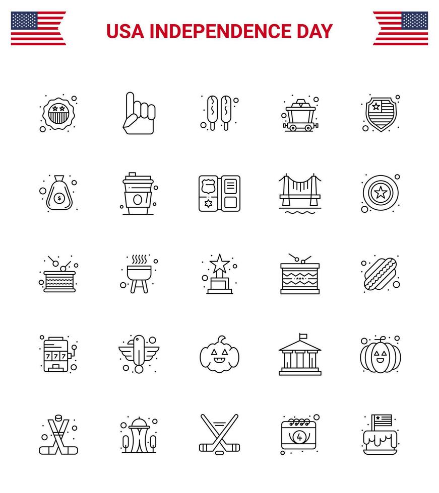 feliz día de la independencia paquete de iconos de 25 líneas para web e impresión dólar protección perro de maíz mina americana elementos de diseño vectorial editables del día de estados unidos vector