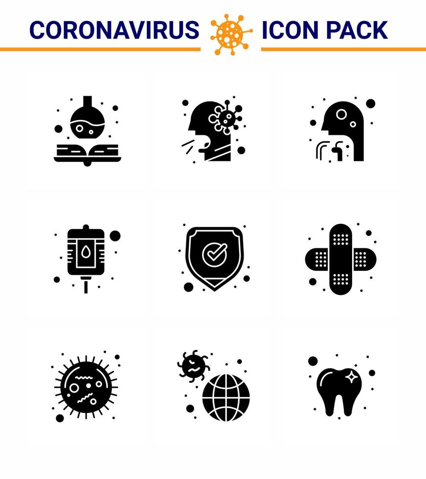 Coronavirus Prevention Set Icons 9 Solid Glyph Black icon such as protection packet cough bottle throat viral coronavirus 2019nov disease Vector Design Elements