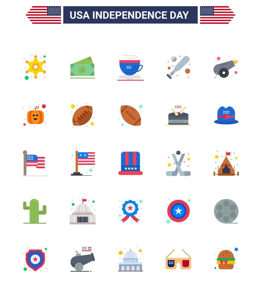 paquete de iconos de vector de stock del día americano 25 signos y símbolos planos para arma canon té ejército bat elementos de diseño de vector de día de estados unidos editables