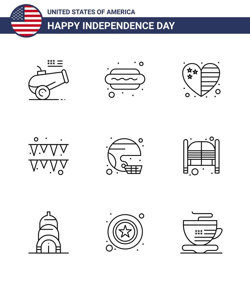 9 señales de línea para el casco del día de la independencia de estados unidos festival de papel del corazón americano elementos de diseño vectorial editables del día de estados unidos vector