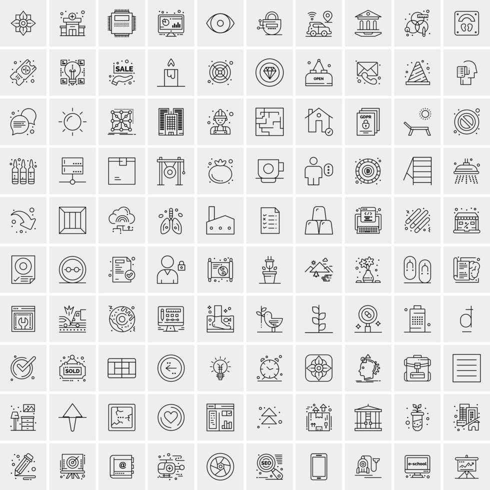 100 Universal Black Line Icons on White Background vector