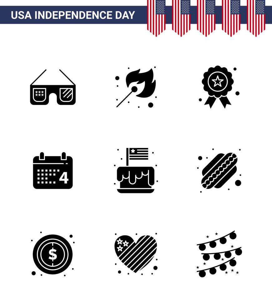 Set of 9 Modern Solid Glyphs pack on USA Independence Day cake american holiday date calender Editable USA Day Vector Design Elements