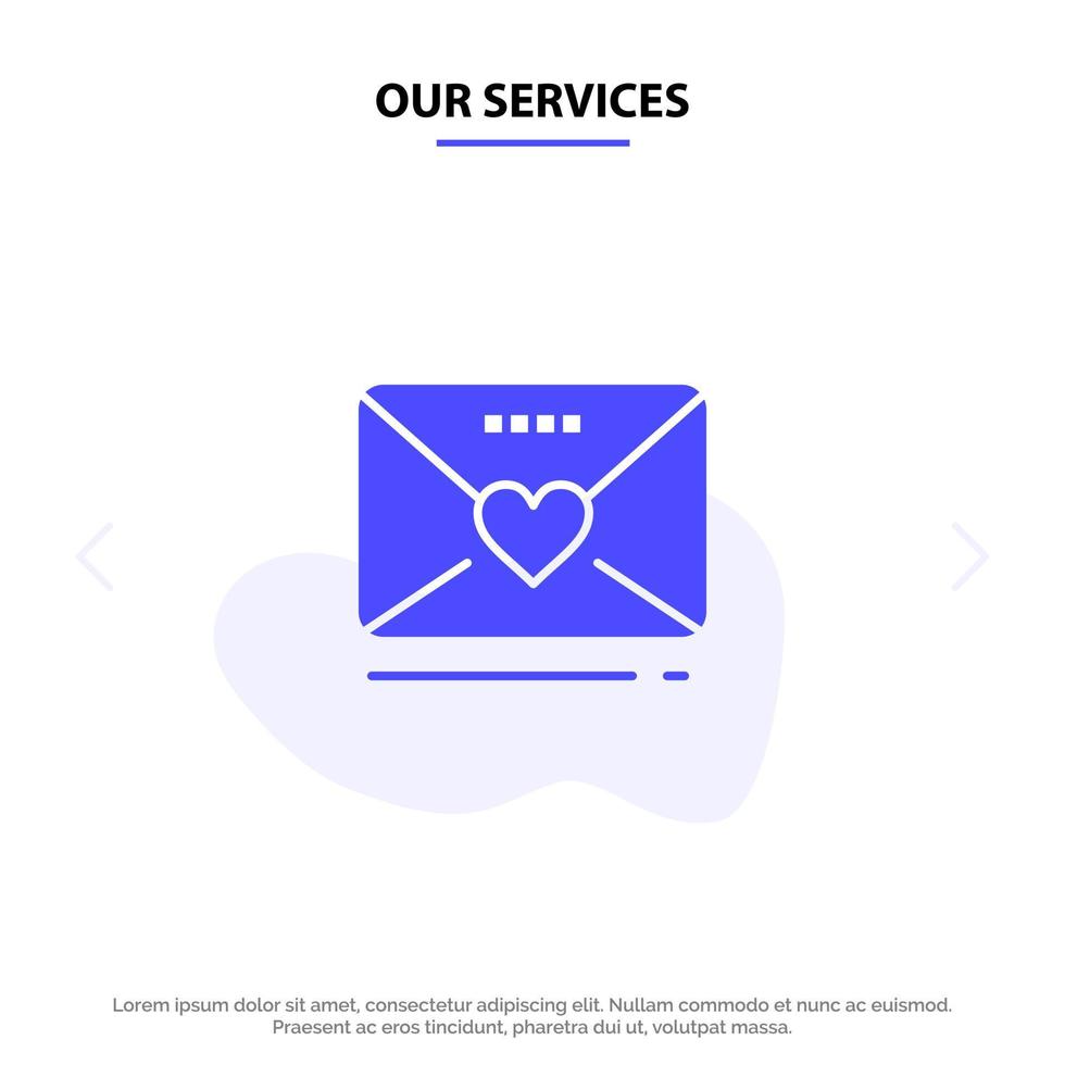 nuestros servicios sms amor boda corazón glifo sólido icono plantilla de tarjeta web vector