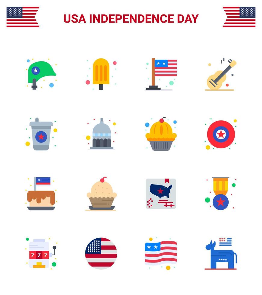 paquete de 16 pisos creativos relacionados con el día de la independencia de estados unidos de bandera de bebidas gaseosas música americana elementos de diseño vectorial editables del día de estados unidos vector