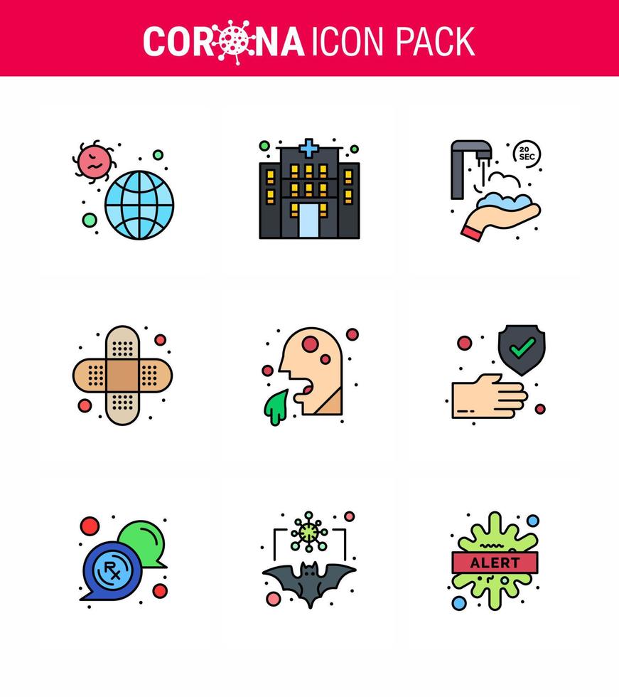 Novel Coronavirus 2019nCoV 9 Filled Line Flat Color icon pack healthcare vomit twenty seconds injury aid viral coronavirus 2019nov disease Vector Design Elements