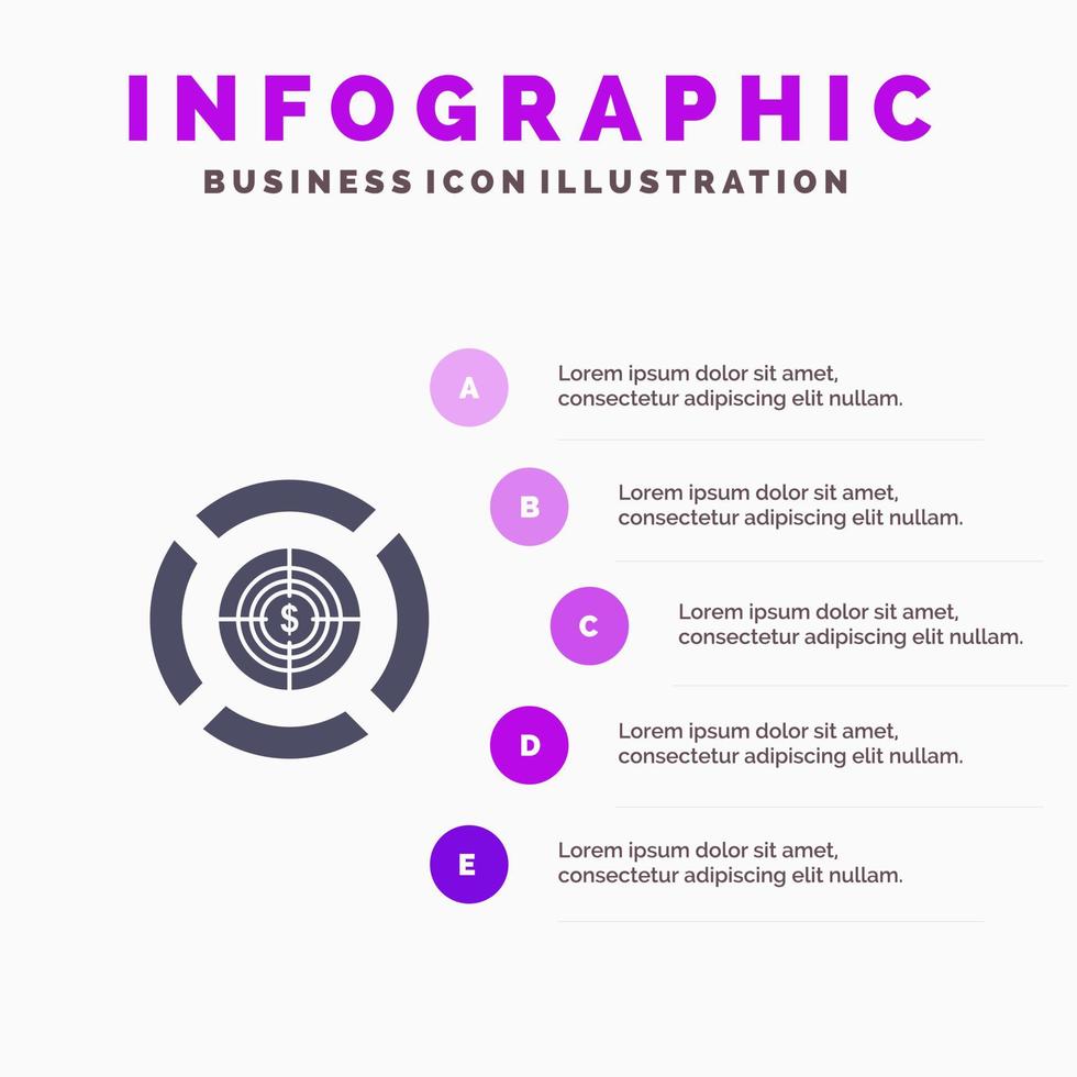 dardo enfoque objetivo dólar sólido icono infografía 5 pasos presentación fondo vector