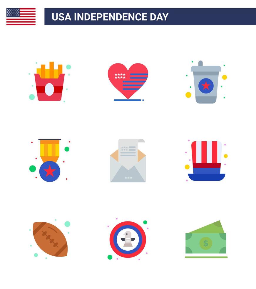 4th July USA Happy Independence Day Icon Symbols Group of 9 Modern Flats of invitation envelope drink email medal Editable USA Day Vector Design Elements