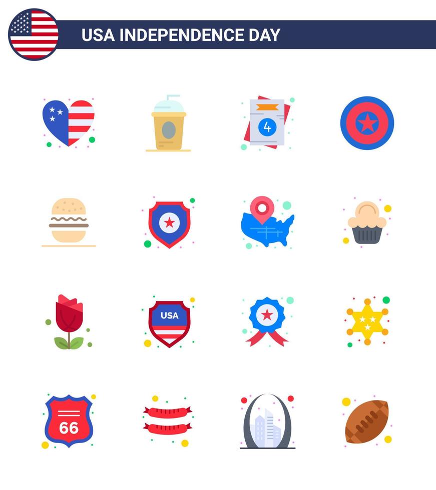 Set of 16 Vector Flats on 4th July USA Independence Day such as burger independence day independece independece wedding Editable USA Day Vector Design Elements