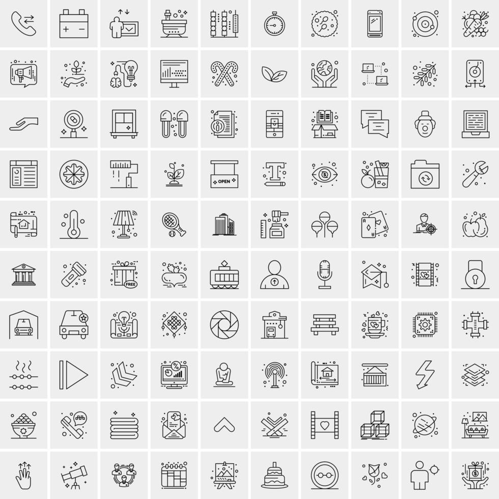 100 Universal Black Line Icons on White Background vector