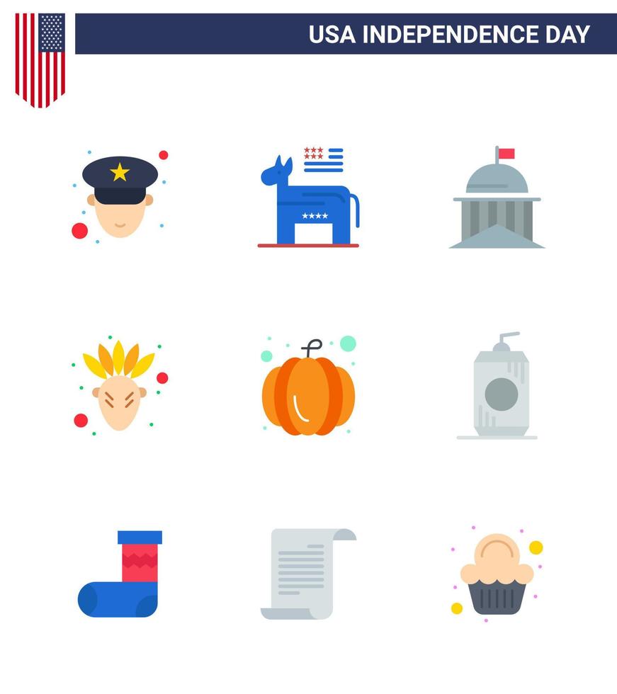 Set of 9 USA Day Icons American Symbols Independence Day Signs for usa festival american flag thanksgiving american Editable USA Day Vector Design Elements