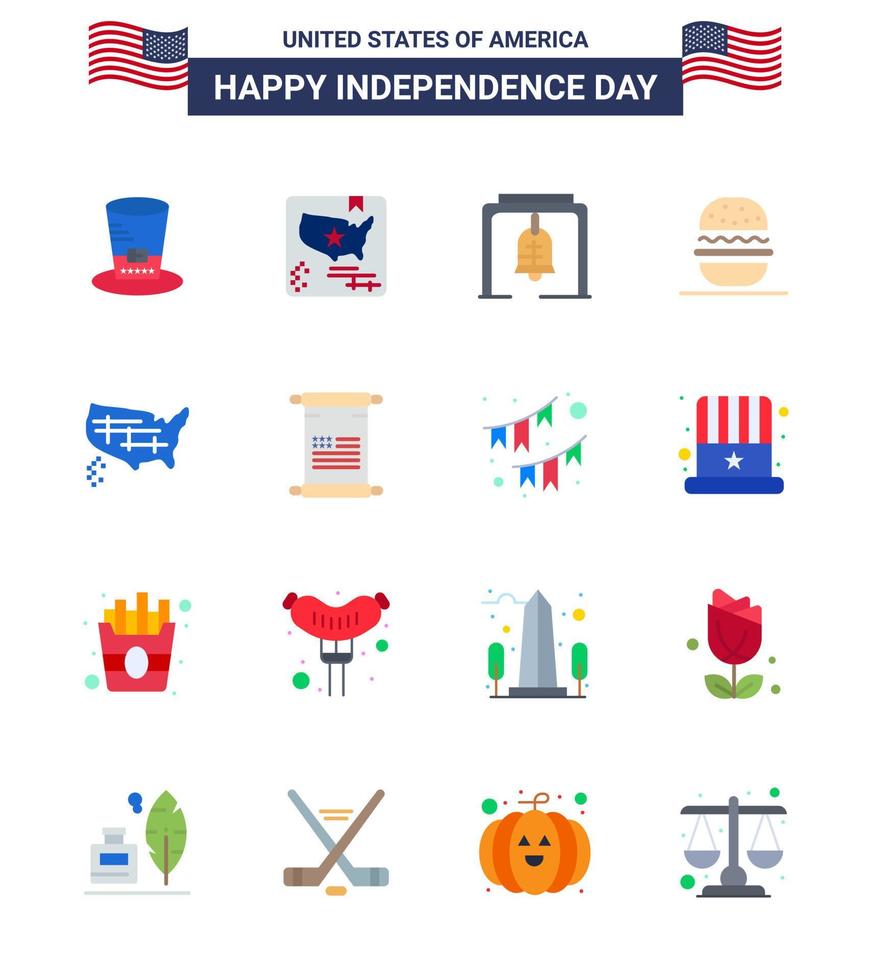 usa feliz día de la independencia pictograma conjunto de 16 pisos simples de estados estados unidos alerta hamburguesa americana elementos de diseño de vector de día de estados unidos editables