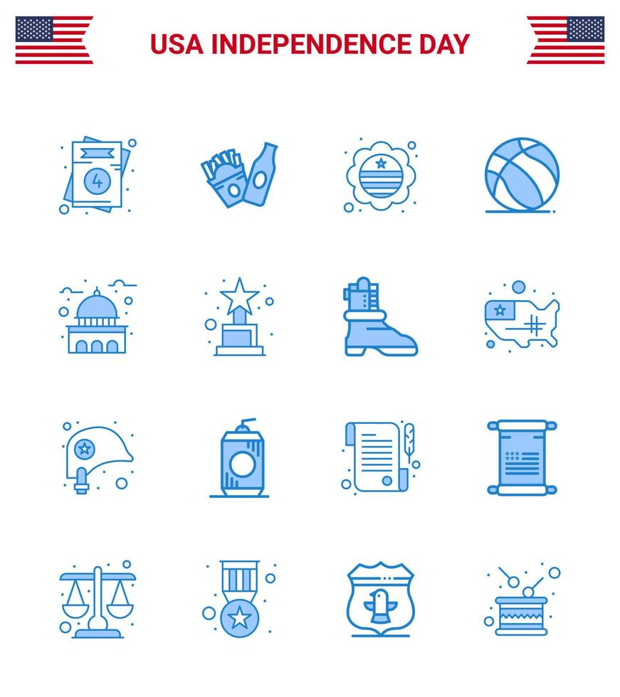 Set of 16 Vector Blues on 4th July USA Independence Day such as landmark building flag usa ball Editable USA Day Vector Design Elements