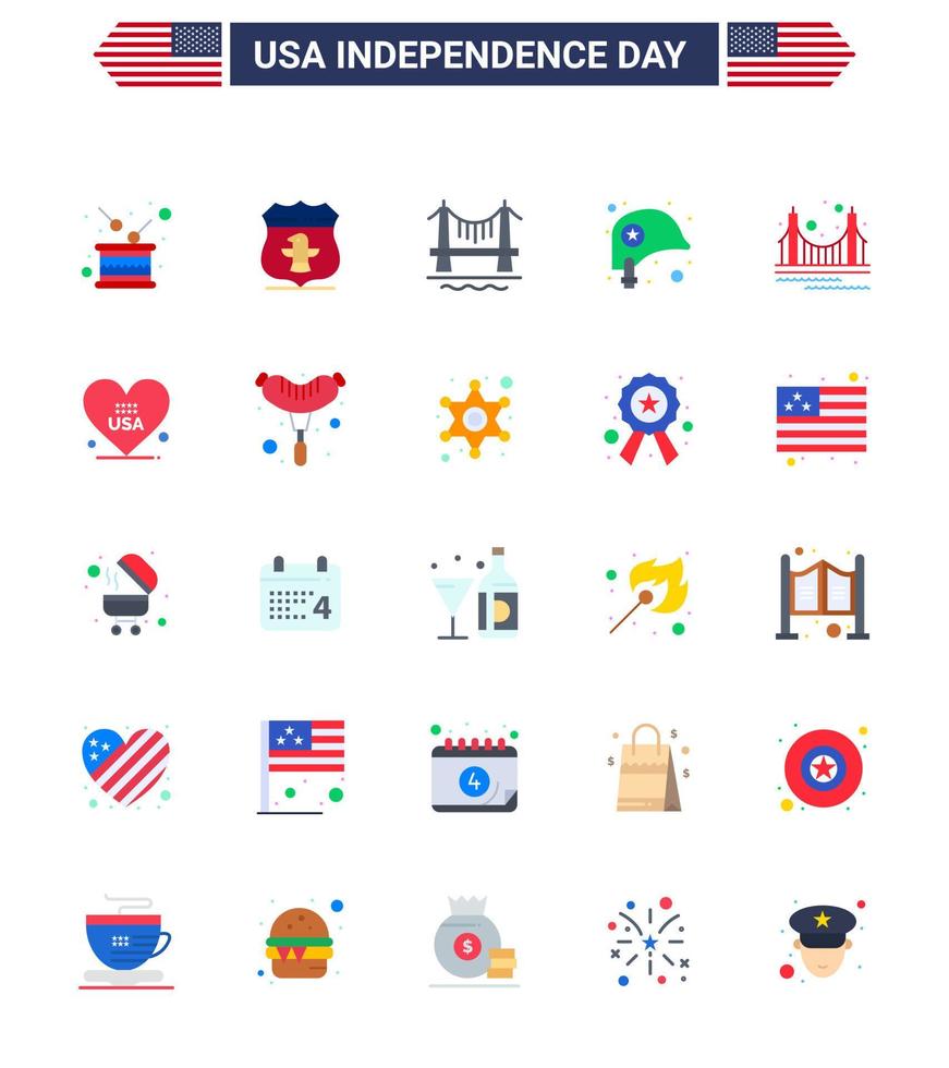 Stock Vector Icon Pack of American Day 25 Flat Signs and Symbols for bridge protection security helmet cityscape Editable USA Day Vector Design Elements