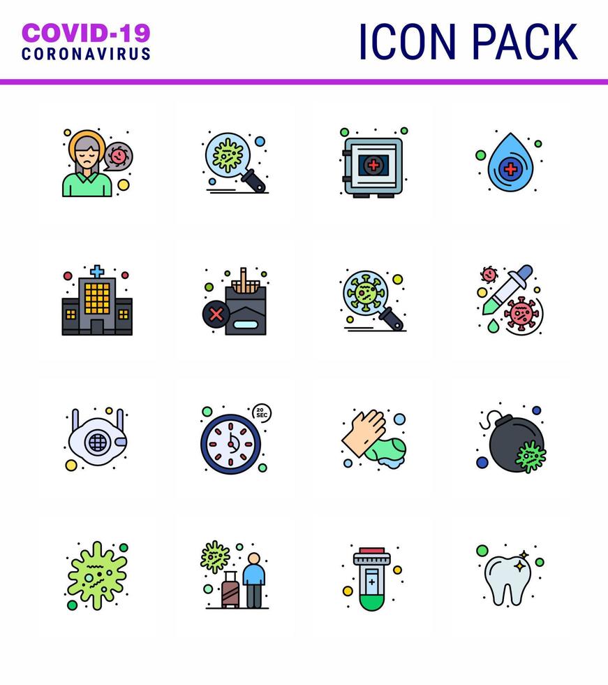 Coronavirus Precaution Tips icon for healthcare guidelines presentation 16 Flat Color Filled Line icon pack such as medical blood security securitybox protection viral coronavirus 2019nov disease vector