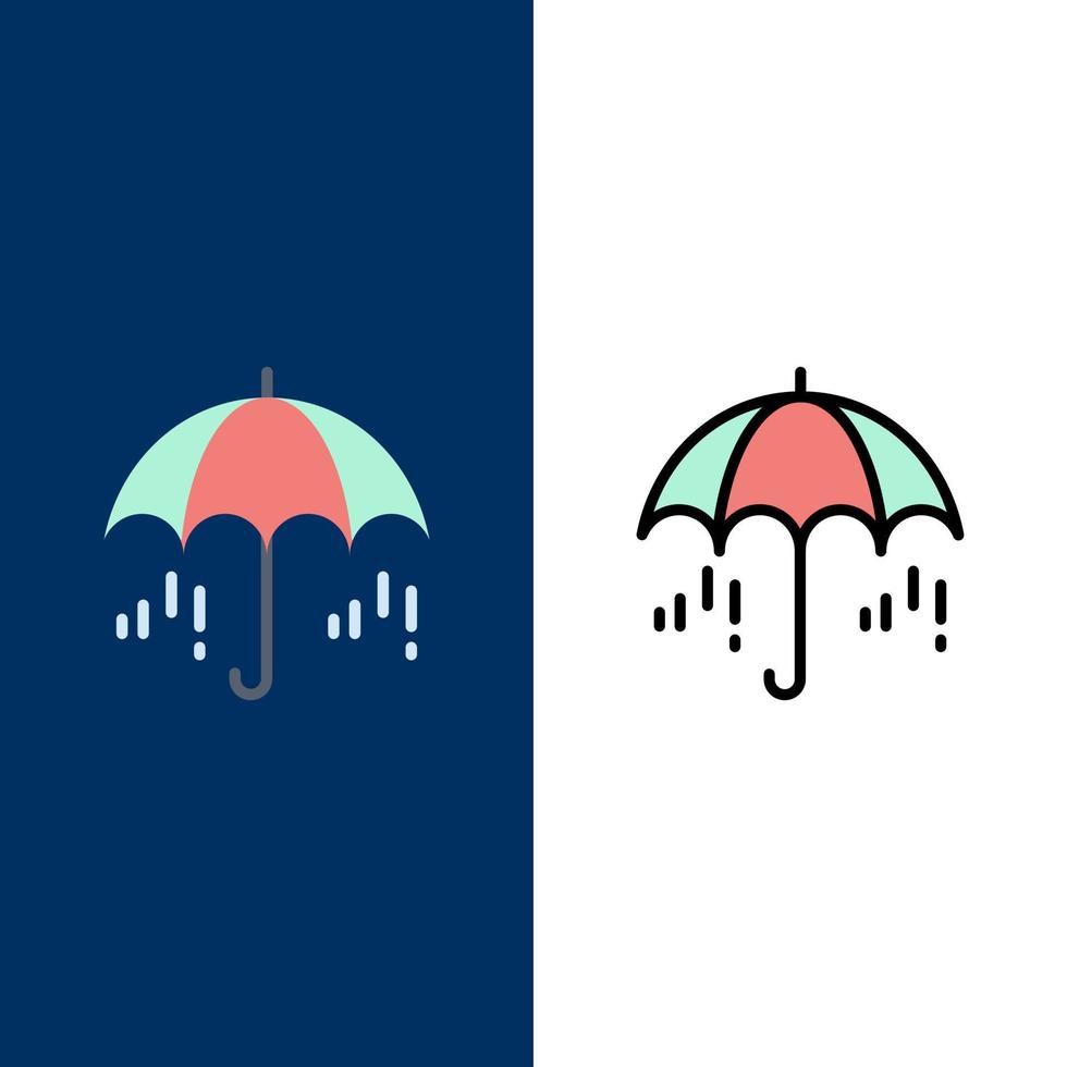 paraguas lluvia clima primavera iconos plano y línea llena conjunto de iconos vector fondo azul