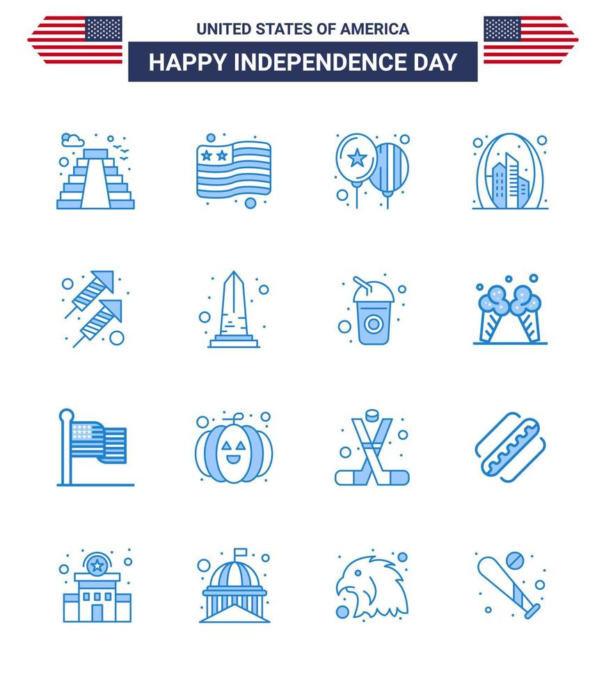 Set of 16 Vector Blues on 4th July USA Independence Day such as fire usa celebrate landmark building Editable USA Day Vector Design Elements